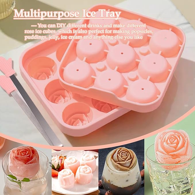 Ice Cube Mold with Lid, Silicone Rose Ice Cube Tray with Mini Tongs, Rose Ice Cube Trays for Freezer, Easy Release Ice Trays Maker, Make 9 Ice Ball Maker Mold Flower Ice Tray Mold for Cocktail