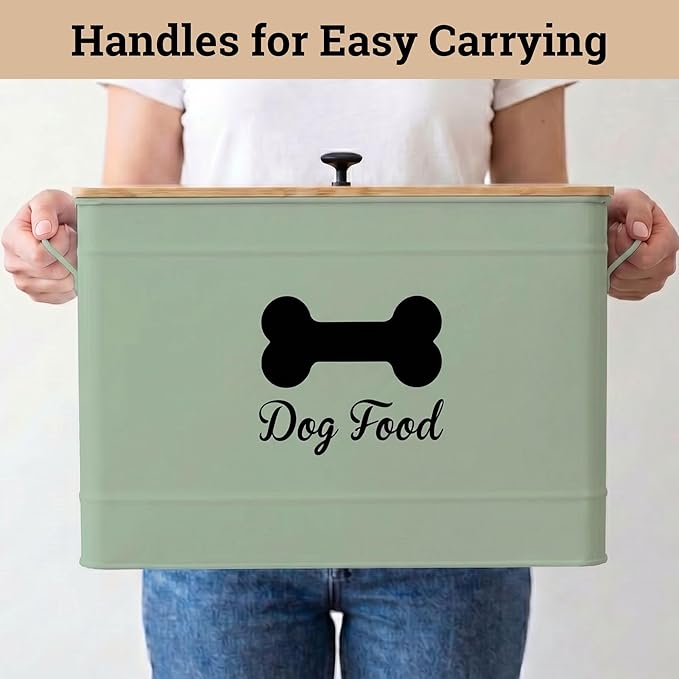 Dog Food Container Airtight 15 lb (50 Cup) Capacity with Metal Scoop - Cute Airtight Dog Food Storage Container with Bamboo Lid - Green Metal Kibble Storage Bin for Dogs up to 100 lbs - Big Pet Jar