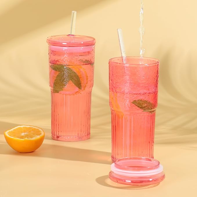 QWEZXO 20 OZ Glass Cup with Lids and Glass Straws, High Borosilicate Iced Coffee Glass Tumblers with Lid and Straw for Drinks, 2pcs Reusable Wide Mouth Smoothie Cup(Red)