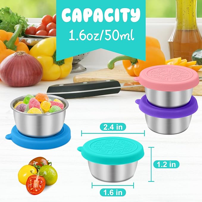 LIEMAND 6x1.6 oz Salad Dressing Container to Go, Leakproof Reusable Stainless Steel Small Container with Lid,Sauce Containers for Lunch box,Picnics,Travel,Office and Meal Prep