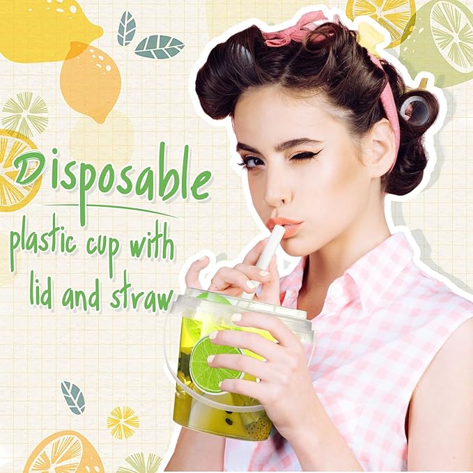 Funnymoom 50 Set Lemonade Buckets with Lids and Straws 24oz Clear Plastic Drink Cups Disposable Rum Cocktail Drinking Pails with Handles Bulk for Summer Lemon Themed Wedding Birthday Party Supplies