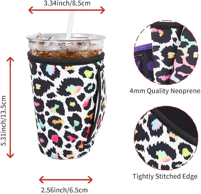 4Pack Reusable Iced Coffee Sleeve Insulator Sleeves for Cold Drinks Beverages, Neoprene Cup Holder for Most Coffee, Fits 22-24oz Medium Cups (Rainbow Leopard)