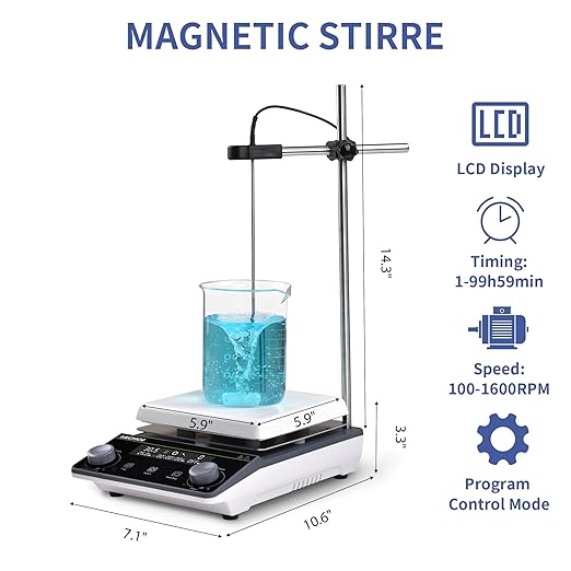 Magnetic Stirrer 5.9 inch Digital Hot Plate Magnetic Stir Plate LCD Max 5L Max Temp.300℃ 100-1600RPM Ceramic Coated Magnetic Mixer with Stir Bar&Temp Probe Sensor,Support Stand Included