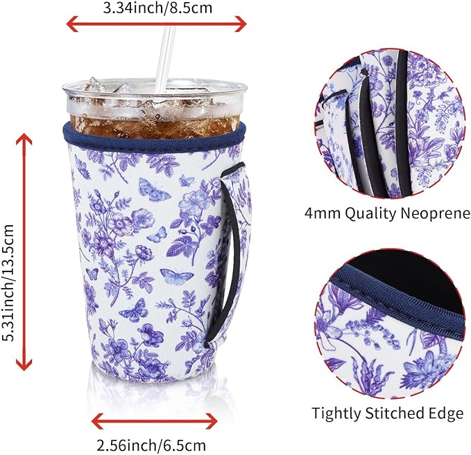 4Pack Reusable Iced Coffee Sleeve Insulator Sleeves for Cold Drinks Beverages, Neoprene Cup Holder for Most Coffee, Fits 22-24oz Medium Cups (Abstract Floral China)