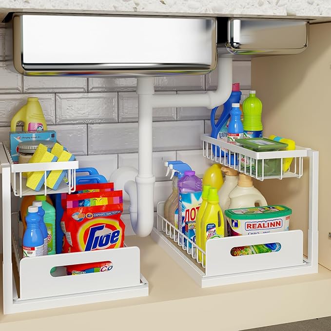 REALINN Under Sink Organizer, Pull Out Cabinet Organizer, 2 Tier Metal Slide Out Shelf with L Shaped Design, Under Cabinet Storage for Kitchen, Bathroom, Laundry, Deep Cabinet Shelf Storage, White