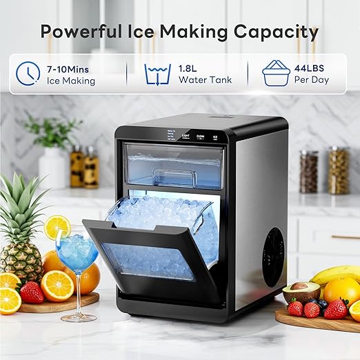 Countertop Nugget Ice Maker, Produces 44lbs Daily, Rapid 15-Min Sonic Ice Machine with Self-Cleaning, 1.8L Water Tank, Quiet Pebble Crushed Ice Maker for Kitchen, Office & RV