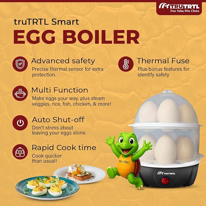 truTRTL 4 in 1 electric egg cooker | Boils upto 14 eggs | Poacher | Omelet maker | Vegetable steamer, dumpling & More | Royal Black