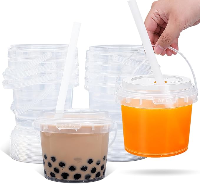 Clear Plastic Cups with Lid and Straw, Reusable Drink Bucket with Handle for Iced Coffee, Smoothie, Ice Cream - Sturdy Food Safe Party Cups for Pool, Beach, Birthday Parties (10, 16 oz)