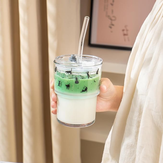 Olvini 13oz Glass Tumbler with Straw and Lid, Reusable Iced Coffee Cup Tumbler, Cute Glass Cups for Water, Matcha, Travel Coffee Mugs (Black Cat - 13oz)