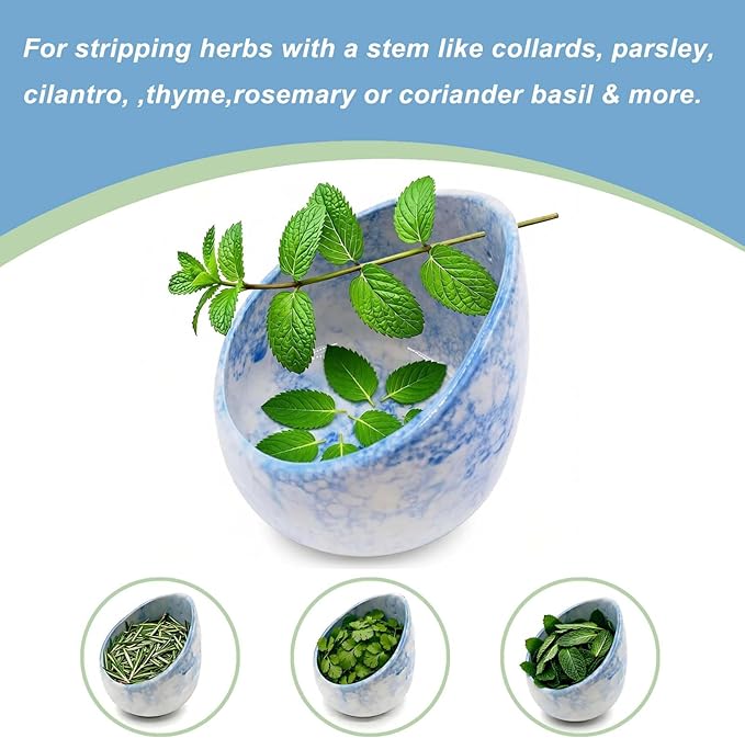 Pottery Blue Handmade Herb Stripper Bowl Kitchen Tool for Efficient Parsley, Basil, Rosemary, Thyme, Mint Leaf Removal & Stripping ,Ceramic Stylish Serving Dish for Berries Nuts Dips Fruits Snacks