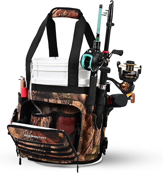 Boomistry Fishing Bucket Organizer for 5 Gallon Bucket Accessories, Fishing Tackle Bag with Adjustable Buckle, Fishing Rod Bag with 15 Multi-Pockets for Fishing Gear and Equipment (Brown Camo)