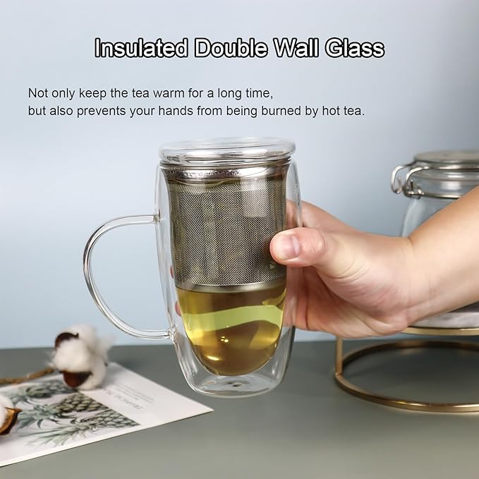 Double Wall Glass Tea Mug with Infuser and Lid, 14 oz / 400 ml Borosilicate Glass Tea Cup with 304 Stainless Steel Fine Mesh Infuser, Durable Insulated Tea Cup, Gift for Tea Lovers