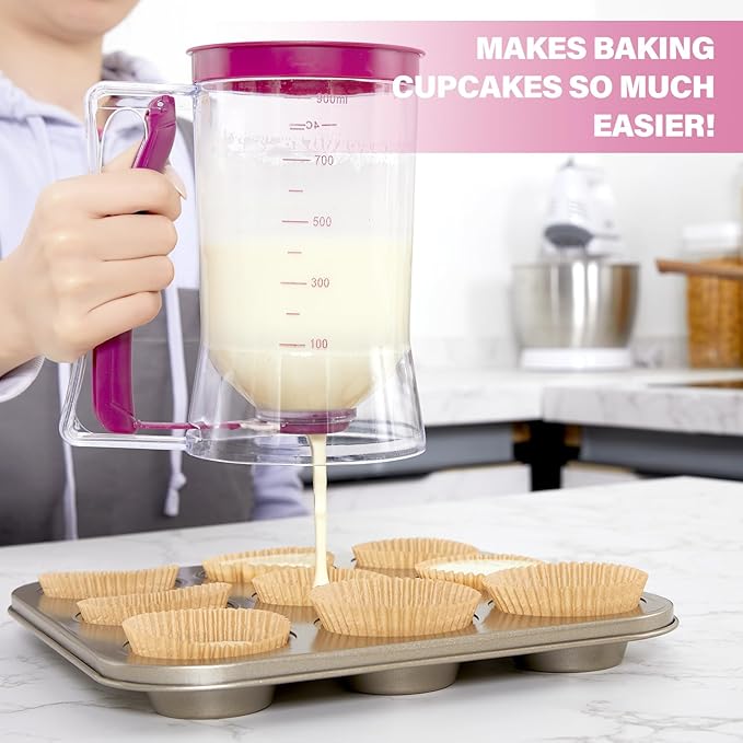 Pancake Batter Dispenser - Essential Kitchen Tool for Flawless Pancakes, Cupcakes, Waffles, Funnel Cake, Muffins, Crepes - Effortless Pour - Convenient Pancake Maker with Measuring Label - 900ml