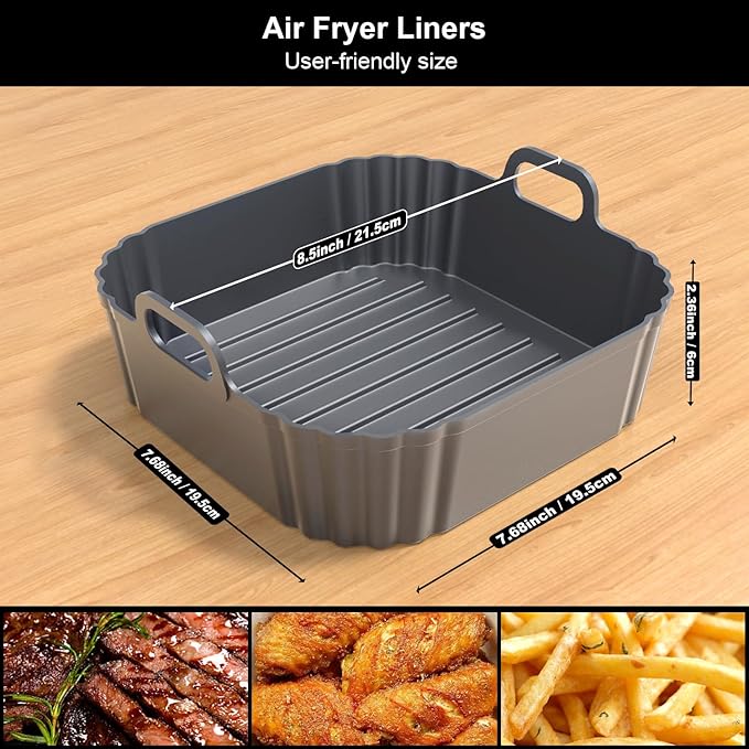 8.5 Inch Square Silicone Air Fryer Liners 2 Pack, Reusable Air Fryer Basket Liners for Ninja AF141 AF142 AF181, COSORI, Cuisinart, Chefman, Instant Air Fryer 5–6.5 QT