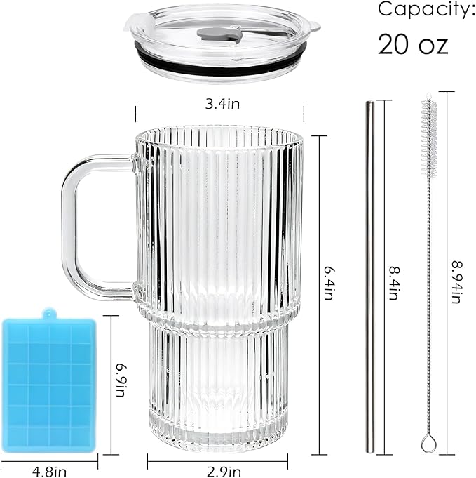 Accguan 6Pack 20oz Ribbed Glass Tumbler with Straw and Lid,Glass Cup with Handle,Reusable lced Coffee Cups with lids-Glass Cups with Lids for Smoothie,Coffee,Juice,Tea,Travel Mug,Cold & Hot Beverages