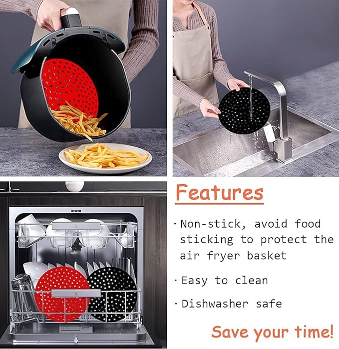 Reusable Air Fryer Silicone Liners 2-Packs, 8 Inch Round Non-Stick, BPA Free Reusable Air Fryer Accessories (8 inch)