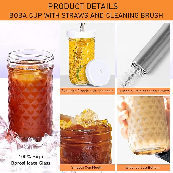 2 Pcs Glass Cups Set - 24oz Mason Jar Drinking Glasses with Bamboo Lids & Straws & 2 Airtight Lids, Cute Reusable Smoothie cup, Iced Coffee Glasses, Travel Tumbler for Bubble Tea, Juice, Gift