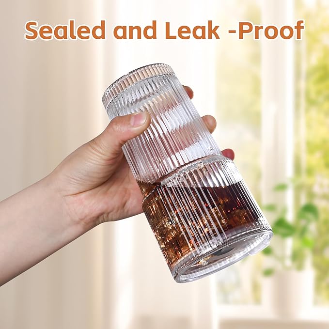 20oz Ribbed Glass Cups with Lids and Straws,4PCS Glass Tumbler with Straw and Lid, Iced Coffee Cups Drinking Glasses for Juice,Smoothies,Cocktail