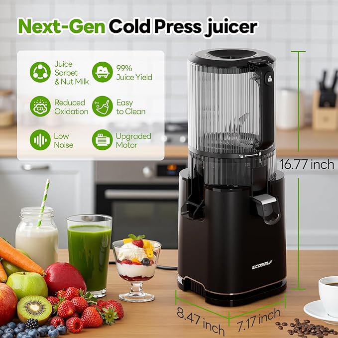 ECOSELF Juicer with 3 Filters (Juice/Sorbet/Nut Milk), Juicer Machines With 6.0" Wide Mouth Hopper, Self Feeding & Hands-Free Design, Cold Press Juicer for Family Party, High Juice Yield, With Brush