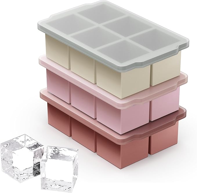 VLM 3 Packs Large Ice Cube Molds with Stackable Lid,Silicone Ice Cube Tray for Freezer,Big Square Ice Tray for Whiskey,Cocktails,Bourbon and Soups (Set 3)