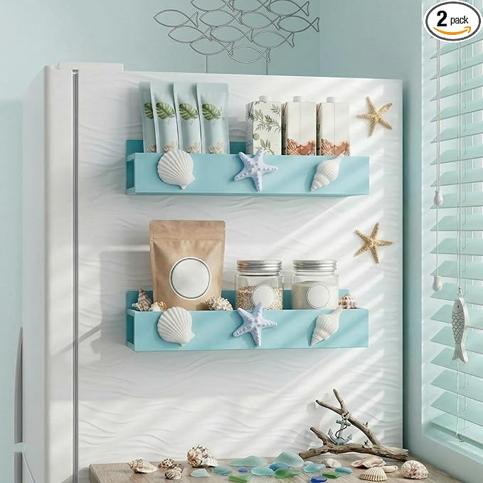 Beeveer 2 Pack Beach Magnetic Spice Rack for Refrigerator Metal Magnet Basket Shelf for Fridge Seasoning Storage Organizers Home Decor Kitchen Accessories (Blue and White)