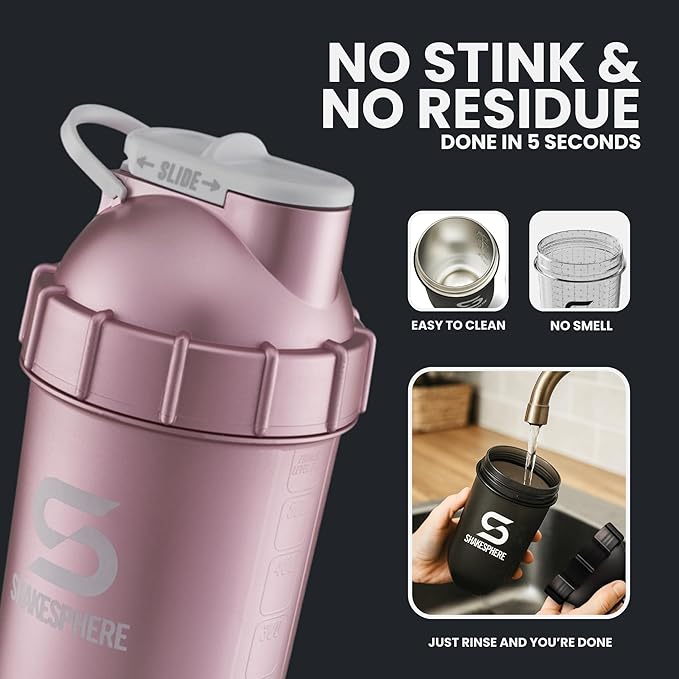 SHAKESPHERE Shaker Bottle - 24oz Leak Proof Protein Shaker Bottle for Pre Workout, Smoothie, and Powder Drink Mixes, No-Blade Mixer for Gym, BPA-Free, Easy Clean & Easy to Carry (Rose Gold)