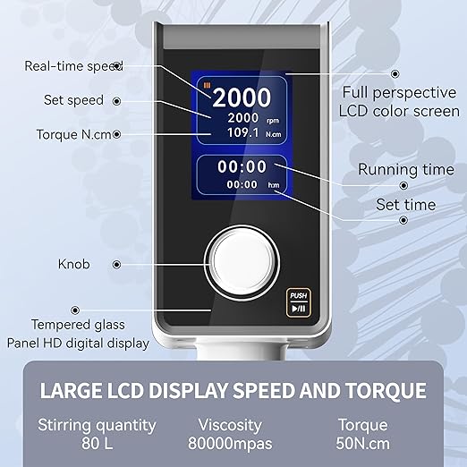 Electric Overhead Stirrer Mixer 60L 2000RPM, Digital Lab Stirrer with Timer & Stand, High Viscosity Mixer 80000mPas, Brushless Motor for Homogeneous Emulsion & Chemical Processing