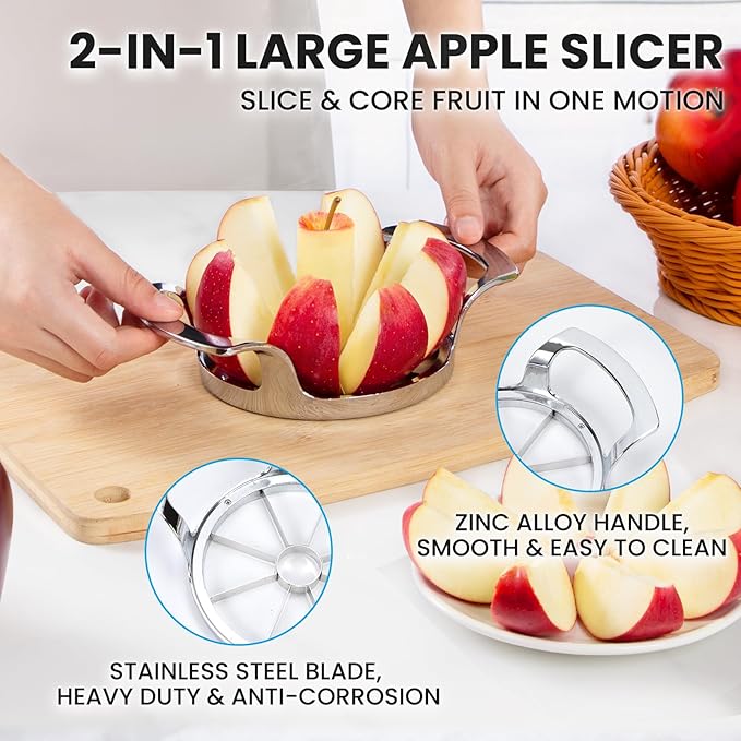 AUBENR 4.72 Inch Extra Large Apple Slicer with 8 Blades - Professional Heavy Duty Apple Cutter -304 Stainless Steel Apple Corer Tool - Sharp Apple Slicer and Corer - Easy to Use - Dishwasher Safe