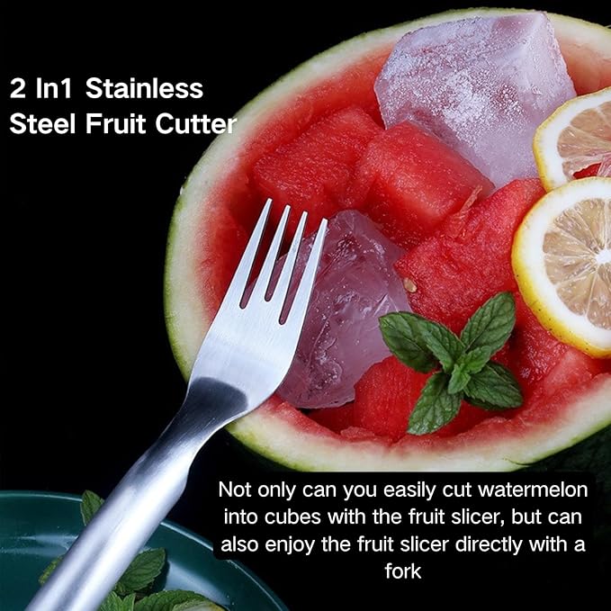 Watermelon Fork Slicer Cutter, 2-In-1 Stainless Steel Fruit Cutter, 2025 Upgrade Portable Melon Slicer Tool for Camping, Picnics, Home, Parties – Effortless Cubes & No Mess