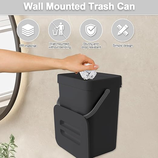 1.3 Gallon/5L Kitchen Compost Bin, Suitable for Countertops or Under Sink, Hanging Hook Trash Can with Lid, Ideal for Cabinets/Bathrooms/Bedrooms/Offices/Camping (Black)