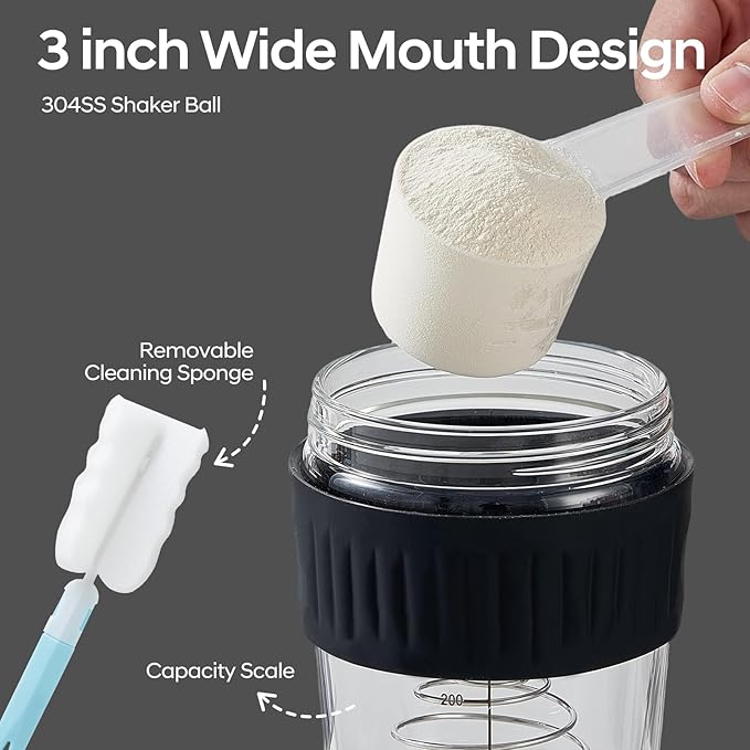 12oz Glass Shaker Bottle for Protein, 2 Pack Small Borosilicate Glass Protein Powder Leak-Proof Shaker Cup Mixes with 304 Blending Ball(12oz,Black)