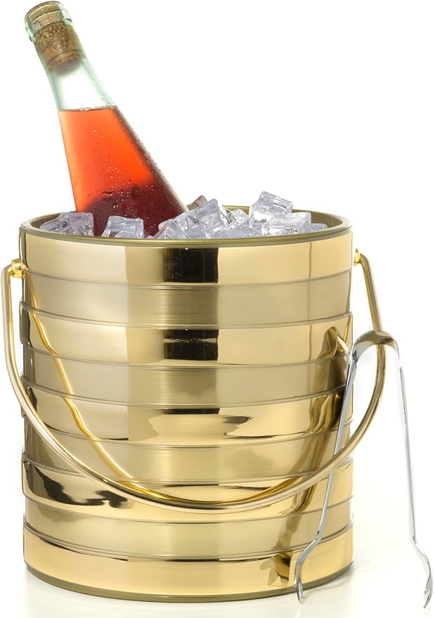 Made In USA Metallic Deco Collection Double Walled Insulated Ice Bucket With Ice Tongs (3-Quart, Gold Stripes)