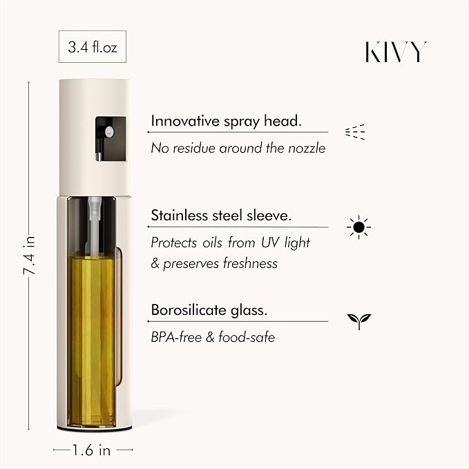 KIVY Glass Oil Sprayer for Cooking– Precise Oil & Vinegar Spray Bottle Oil Mister Spray Bottle for Food – Includes Funnel – Perfect for Cooking & Air Fryer (Beige)