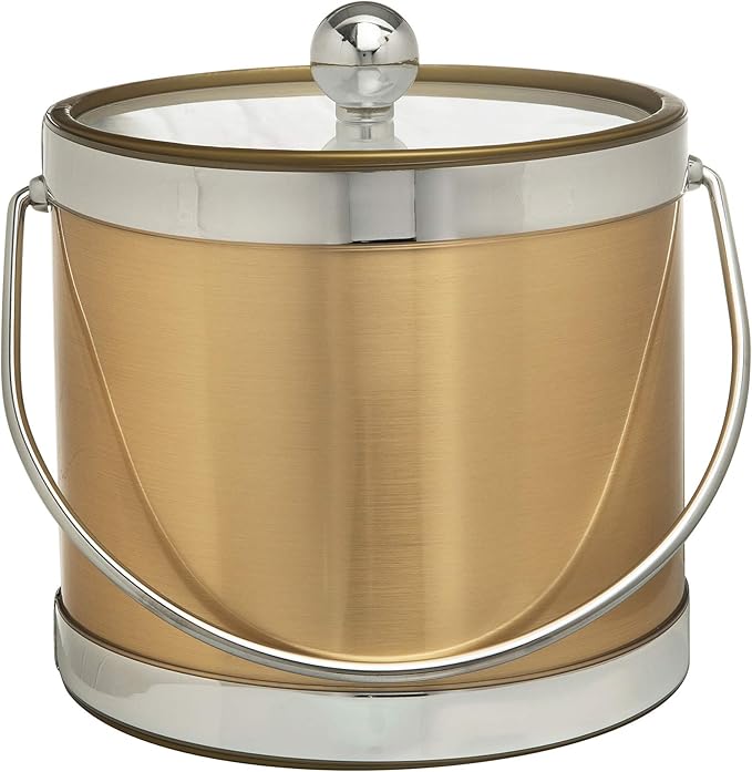 Made In USA Metallic Deco Collection Double Walled Insulated Ice Bucket With Ice Tongs (3-Quart, Gold & Silver)