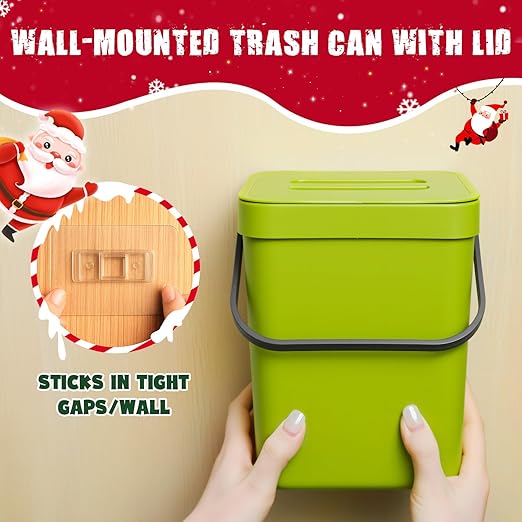 Kitchen Waste Bin with Hooks 5L, Indoor Kitchen Sealed Under Sink for Kitchen, Food Waste Bin for Countertop (Green)