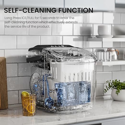 Kismile Countertop Ice Maker with Handle, 26Lbs/Day, 9 Ice Cubes in 6 Mins, Self-Cleaning Portable Ice Machine for Home, Kitchen & Office (Black)