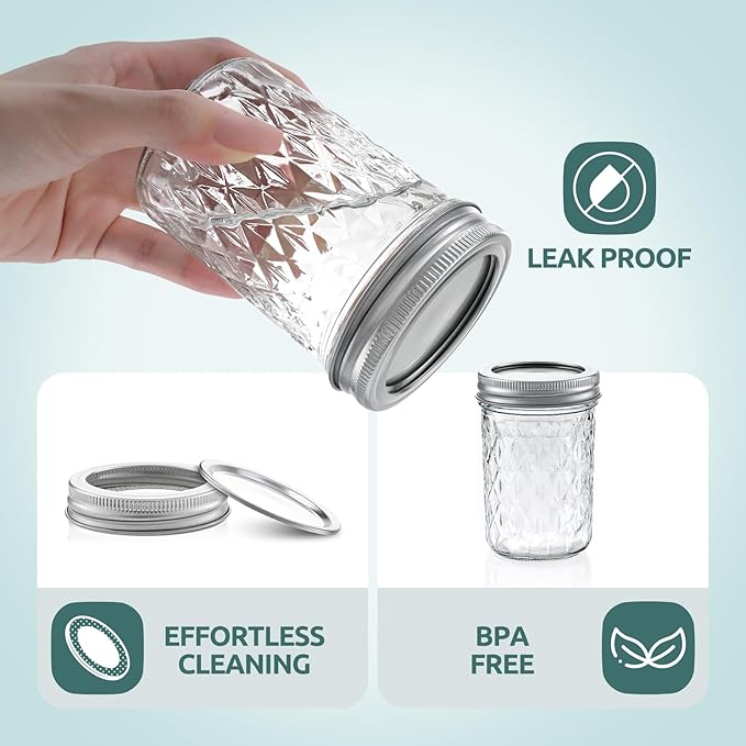 2 Pack 8 oz Mason Jars with Lids, Regular Mouth Leak-Proof Airtight Lids, Glass Canning Jars for Food Storage, Overnight Oats, Pickling & Preserving