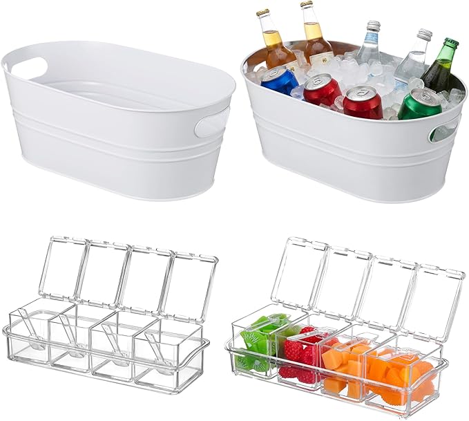 2 Pcs 4 Gallon Galvanized Metal Ice Buckets Large Metal Drink Bucket 2 Pcs Condiment Caddy Clear 4 Compartment with Lid and Spoon for Summer Birthday Party Dinner Wedding Mimosa Bar(White)