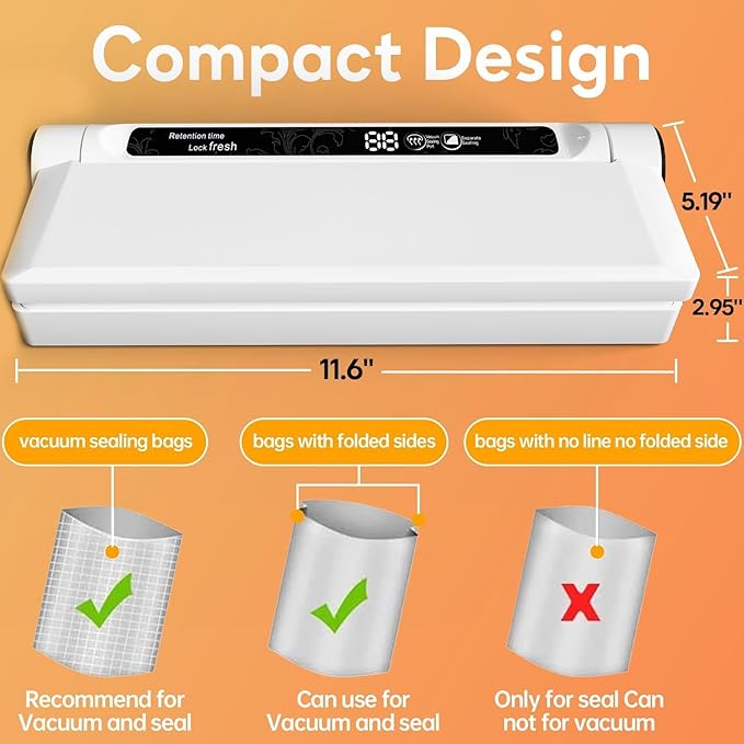 Compact Food Vacuum Sealer Machine - 75KPA Suction Power, LED Digital Timer Display, Dry and Moist Food Modes, Space-Saving Kitchen Gadget for Storage and Sous Vide Prep, Includes 20 Bags (White)