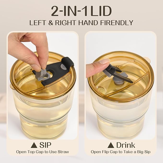 13oz Reusable Iced Coffee Tumbler with Lids,Clear Tumbler Water Glass,2 Pack Glass Cups with Straw and Lid,Glass to go Coffee Cup for Drinking Matcha, Water, and Juice(Amber