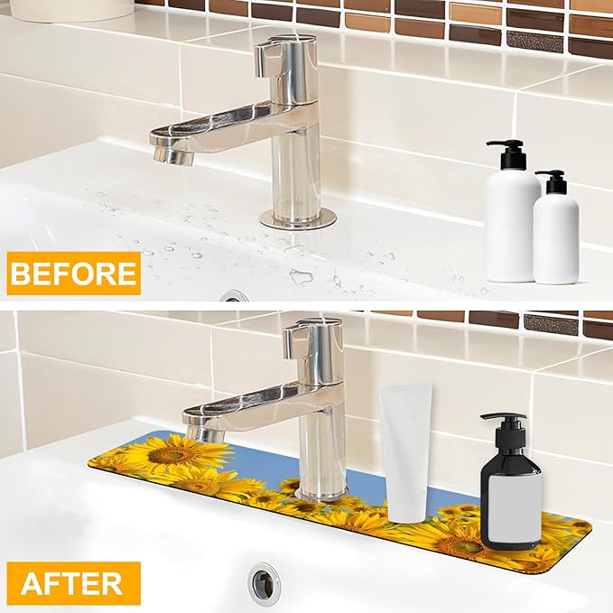 2 Pack Sunflower Field Sink Faucet Absorbing Mat Sunflowers Blooming Super Absorbent Fast Drying Mat Sink Gadgets Behind Faucet Sinkmat for Kitchen Bathroom, 23.5"x5.5"