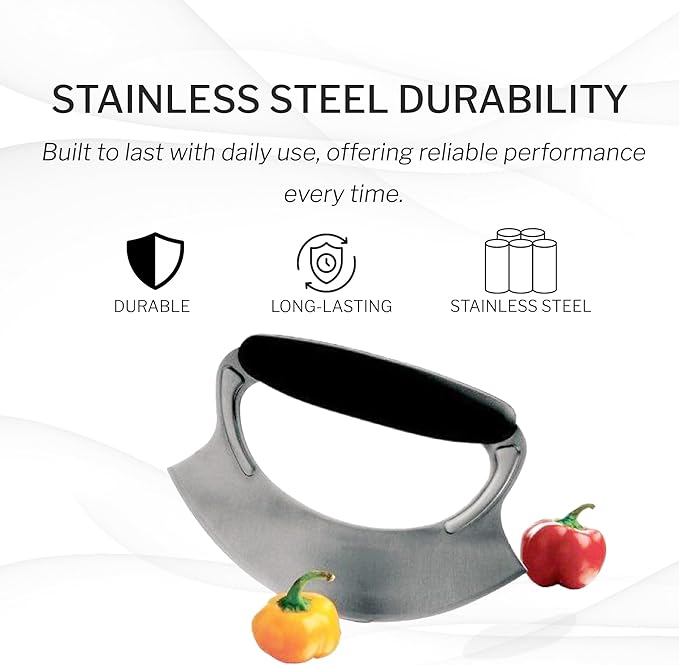 Amco Mezzaluna 2-Pack Herb Chopper with Silicone Handle & Stainless Steel Blade - 4.9" Dishwasher Safe Chopping Tool for Herbs, Vegetables & Garlic - Non-Slip Grip, Easy to Use & Comfortable to Hold