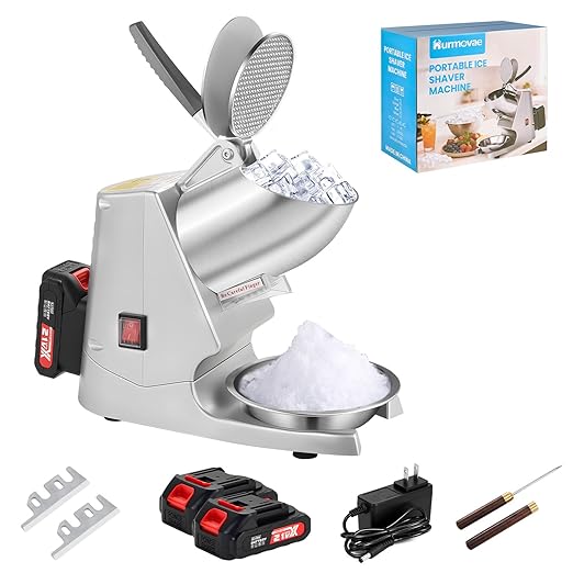 178Ibs/h Cordless Portable Ice Shaver Machine with Dual Blade, Dual Batteries &Ice Pick, 180W Battery Powered Ice Cusher Machine for Home Use &Outdoor (Backyard & Patio), Extra Blades, Silver