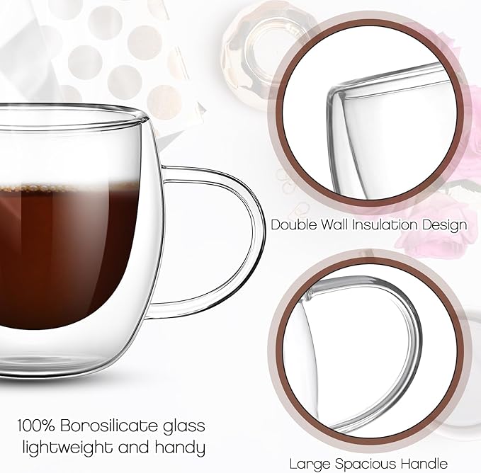 Gerrii Espresso Cups Double Walled Espresso Shot Glass with Handle Cups Insulated Clear Small Shot Glasses for Cappuccino Latte Hot Beverage(2.5 oz,Round Bottom,20 Pcs)