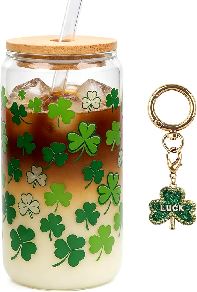 Mason Life Irish Shamrocks Glass Tumbler, 18 OZ Cute Glass Cup with Lid and Straw, St Patricks Day Drinking Cup with Keychain, Lucky Clover Beer Can Glass, Irish Gift for Women Girls