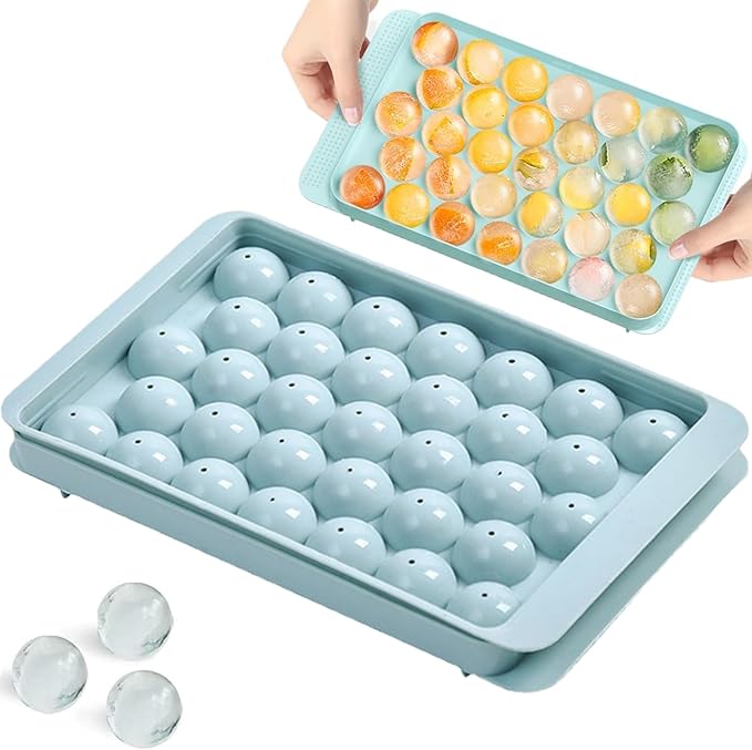 Round Ice Cube Tray with Lid, Mini Ice Ball Maker Mould for Freezer 33 Reusable Sphere Circle Ice Making Mold Easy Release for Water Cocktail Whiskey Coffee (Blue)