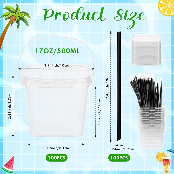 100 Pcs 17 oz Square Clear Drink Buckets with Lids and Straws Reusable Plastic Bucket Cups with Handle for Ice Cream Coffee Cocktail Large Food Safe Party Cup for Pool Beach Bar Birthday