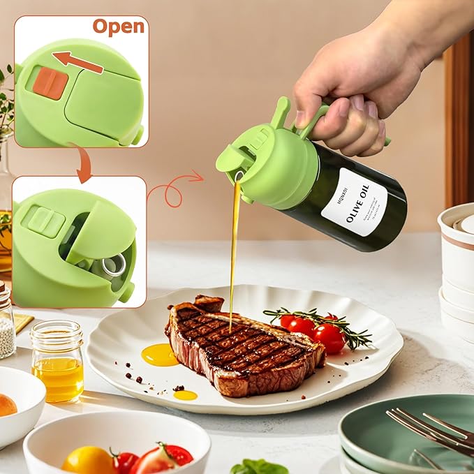 mqnxoi Oil Sprayer for Cooking, 2 in 1 Olive Oil Dispenser Bottle for Kitchen, 16oz/470ml Premium Glass, Food-grade Oil Mister for Air Fryer, Salad, Frying, BBQ (Green + Dark Green Bottle)