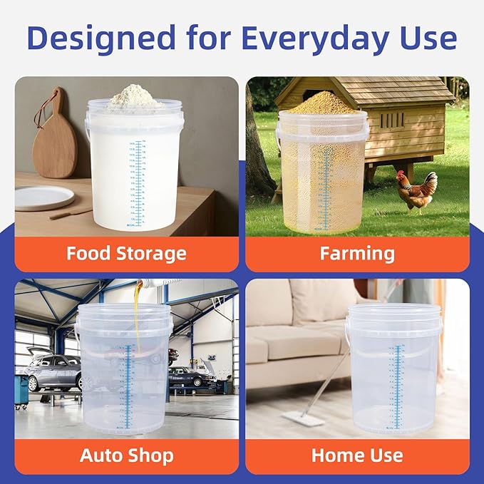 Plastic 5 Gallon Buckets with Scales, Food Grade Plastic Pail, Heavy-Duty, BPA-Free Container with Lids & Handles, Easy Stacking for Home/Commercial Use (2 sets each of : 5Gal 1 Qt, 3 Qt, 5 Qt, 10 Qt)