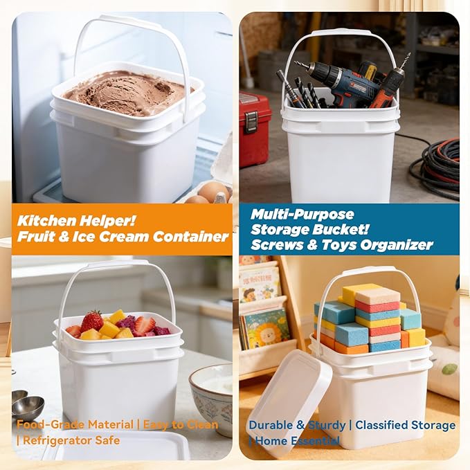 Bucket with Lid - 4 Packs Square Clear Plastic Storage Containers, Food Safe with Handle, Airtight Pressure Lids for Kitchen & Home (White, 0.8 gal)